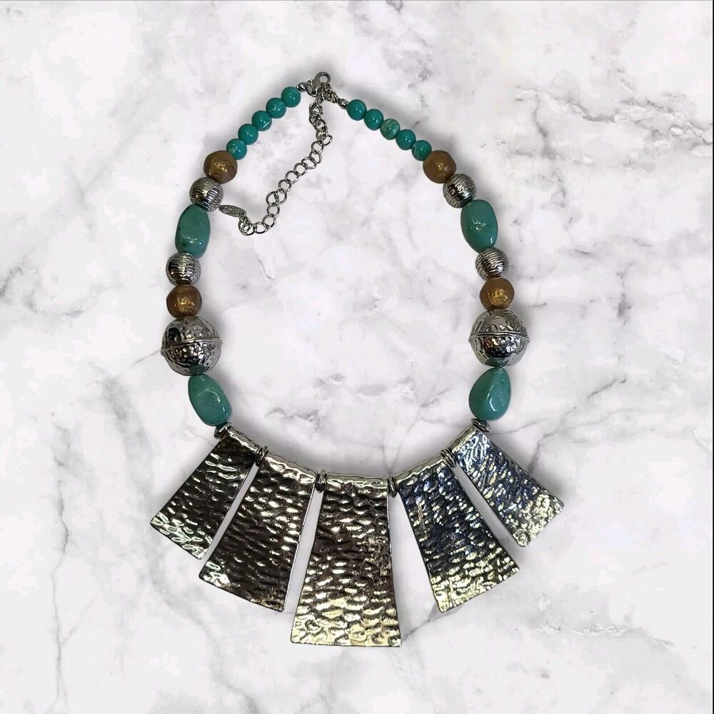 Vintage VCLM Modernist Silver Tone Metal Faux Turquoise Statement Necklace16-20"